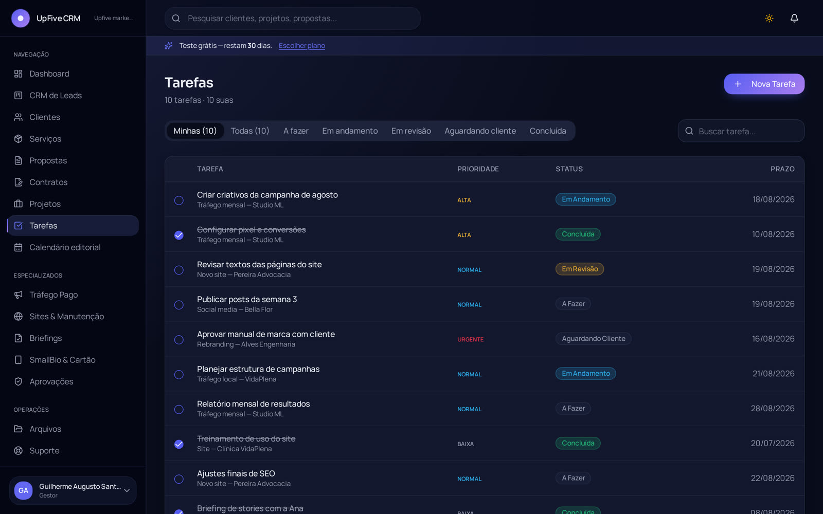 Tela de Tarefas do UpFive CRM