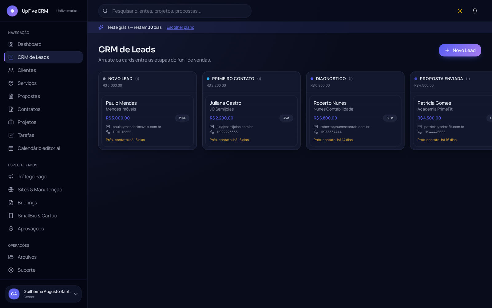 Funil de vendas em kanban do UpFive CRM com leads por etapa, valor e probabilidade