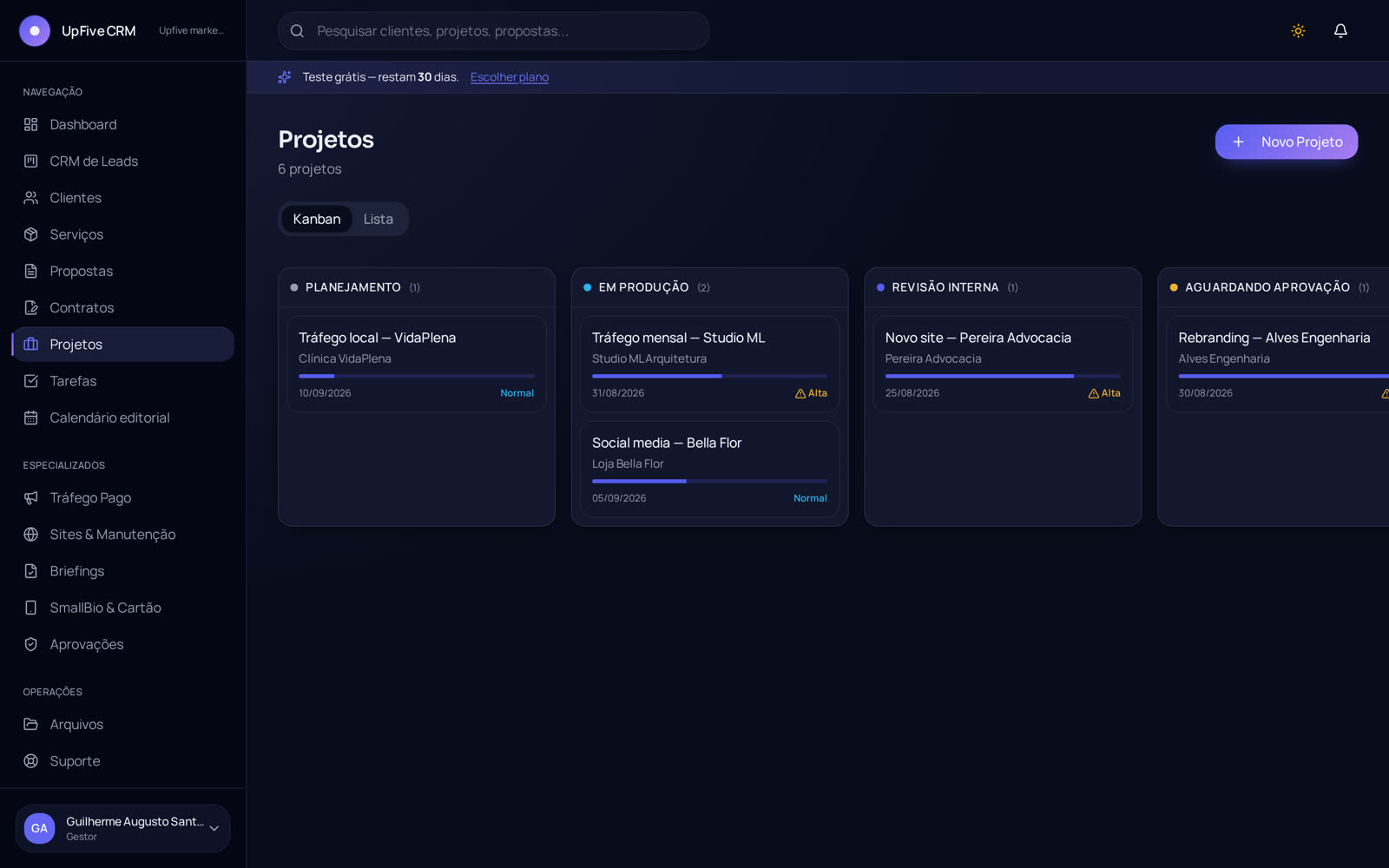 Quadro kanban de projetos do UpFive CRM com etapas de produção, revisão e aprovação